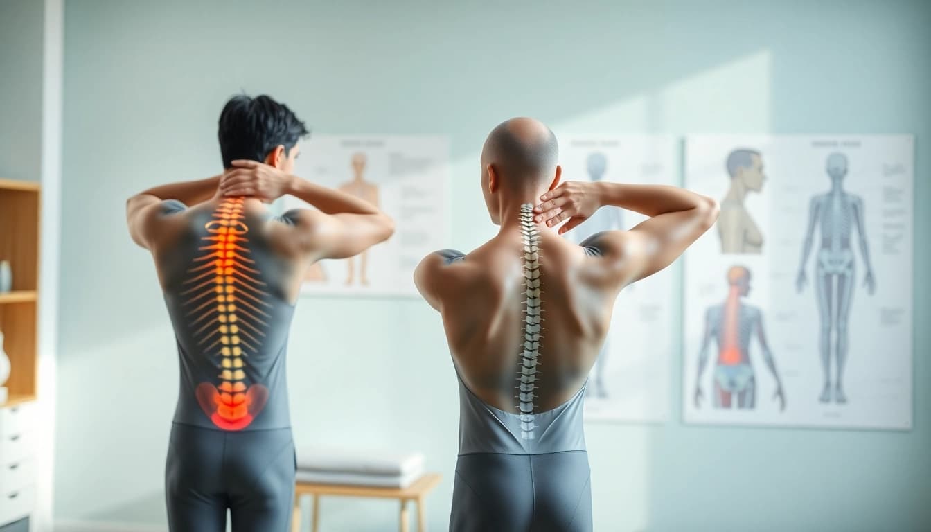 Illustration of back pain causes featuring a figure showing exercises in a therapy setting.