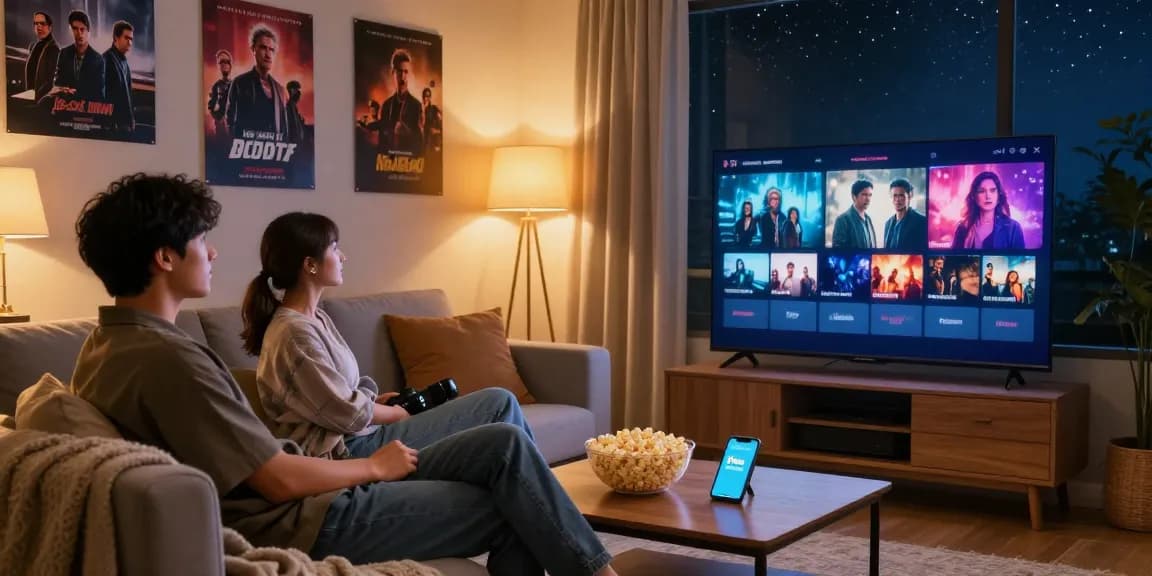 Pikashow app displayed in a cozy living room setting with a couple enjoying a movie at home
