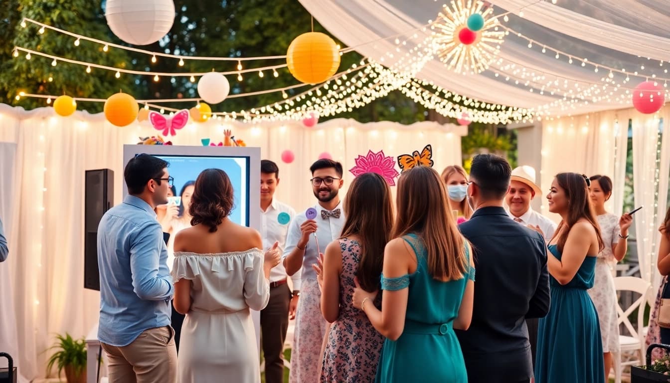 Guests enjoying the vibrant photo booth rental experience at a wedding.