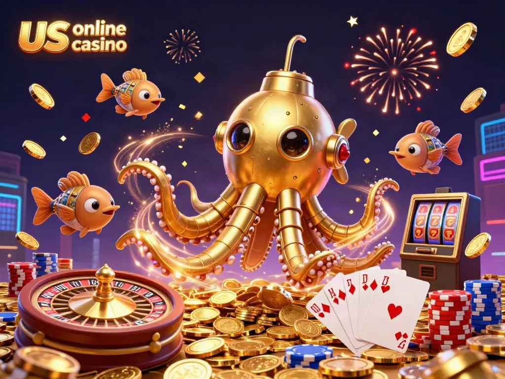 Engage in thrilling games at a us online casino with 3D kraken submarine and sparkling coins.