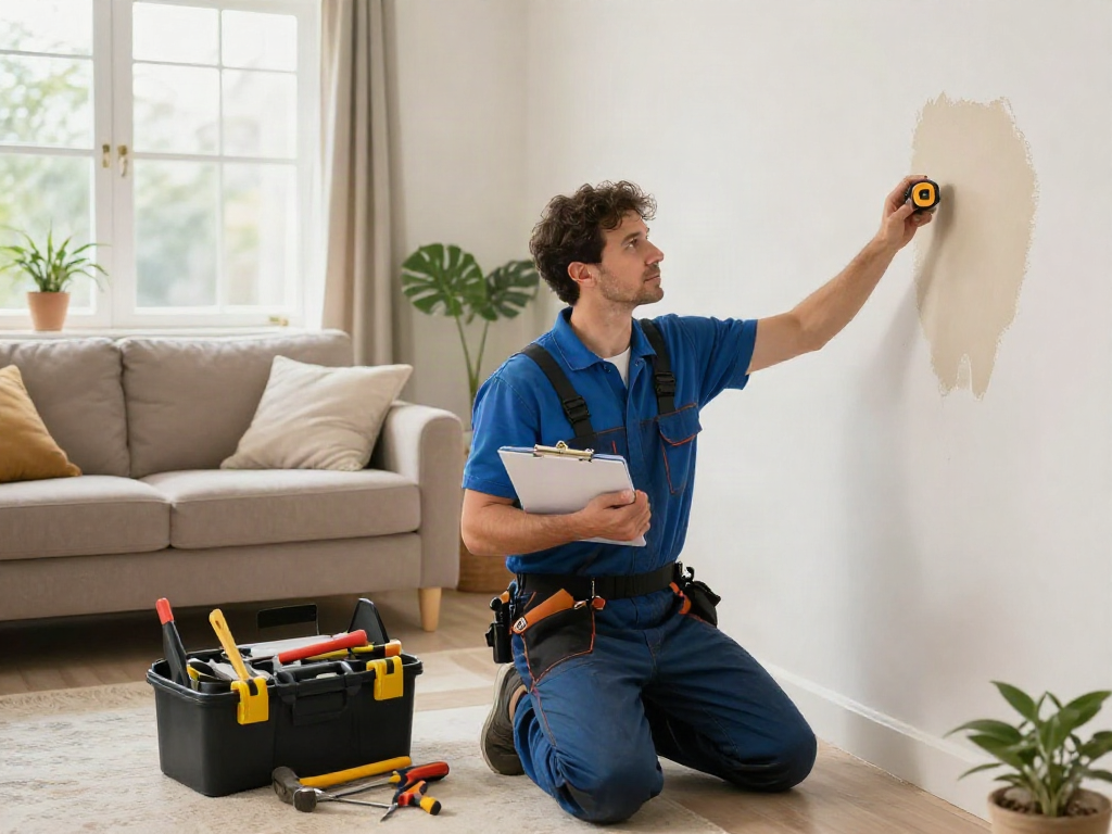 Home repair services Des Moines Iowa showcased in a contractor evaluating living room walls.