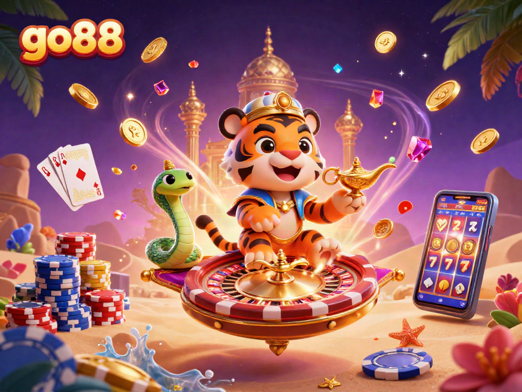 Experience exciting wins on go88 with vibrant 3D illustration of casino elements and characters.