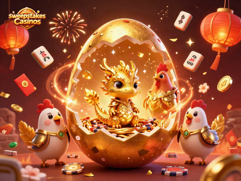 Sweepstakes casinos feature a golden dragon and poker chips surrounded by festive casino elements.