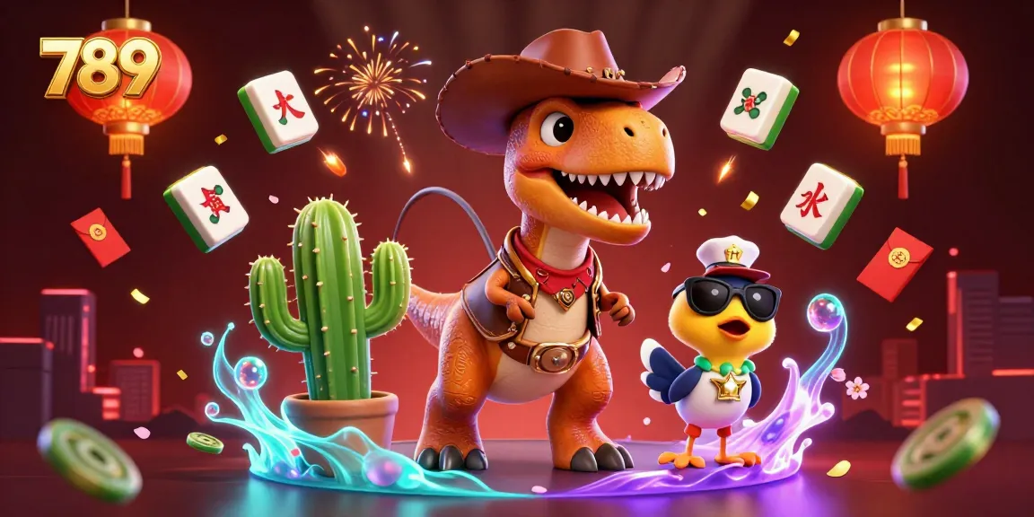 Experience thrilling 789 casino excitement with a dynamic cowboy, dinosaur, and festive elements.