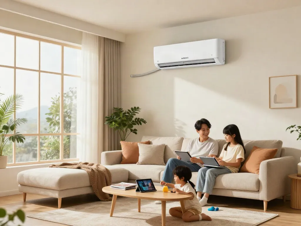 Relaxed family enjoying comfort from a 24000 btu mini split air conditioner in a cozy living room.