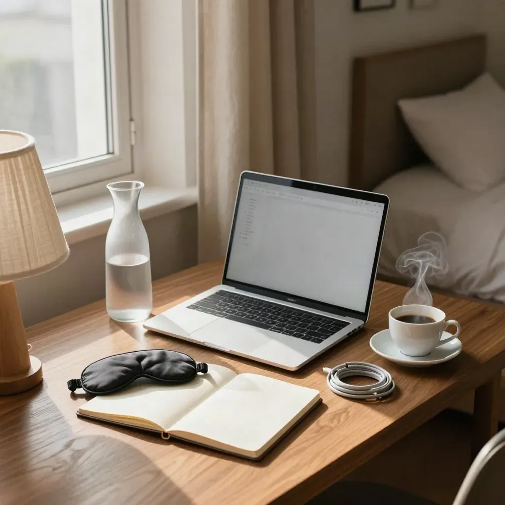 Hotel desk with closed laptop, water carafe, notebook, sleep mask, and steam in morning light