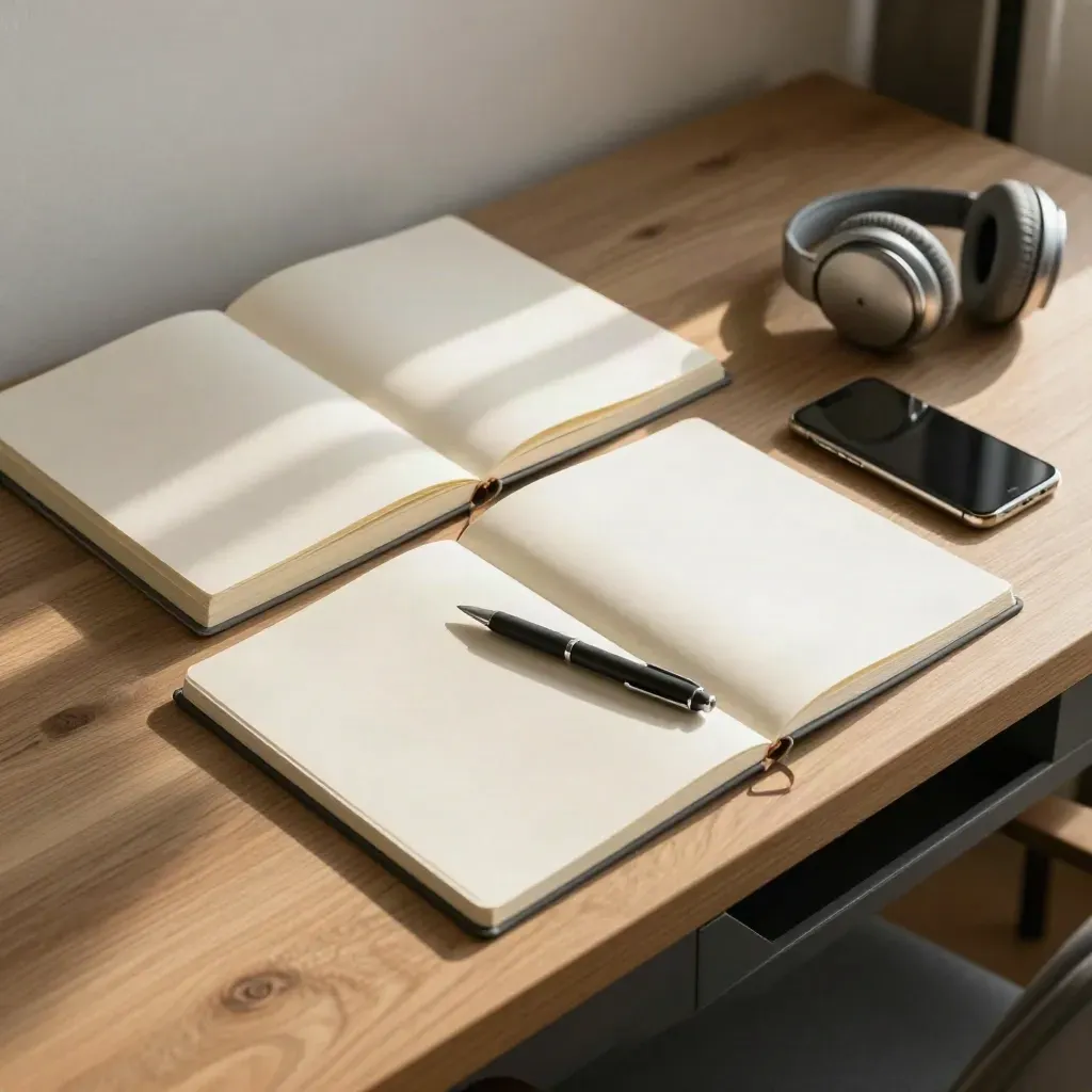Top-down desk with three blank notebooks, a phone in the drawer gap, a pen, and headphones.