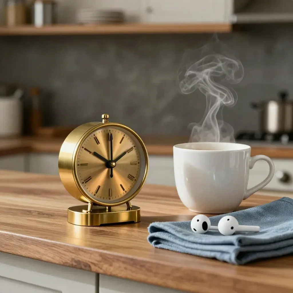 Brass timer, steaming mug, earbuds, and folded tea towel on a warm walnut counter.