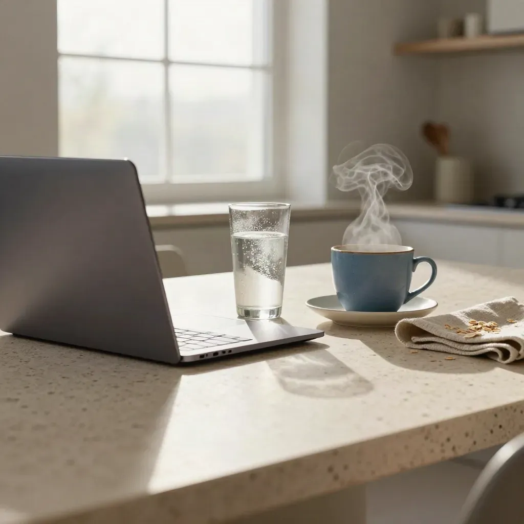 Low-angle morning kitchen table with closed laptop, water glass, steaming mug, and blind shadows.