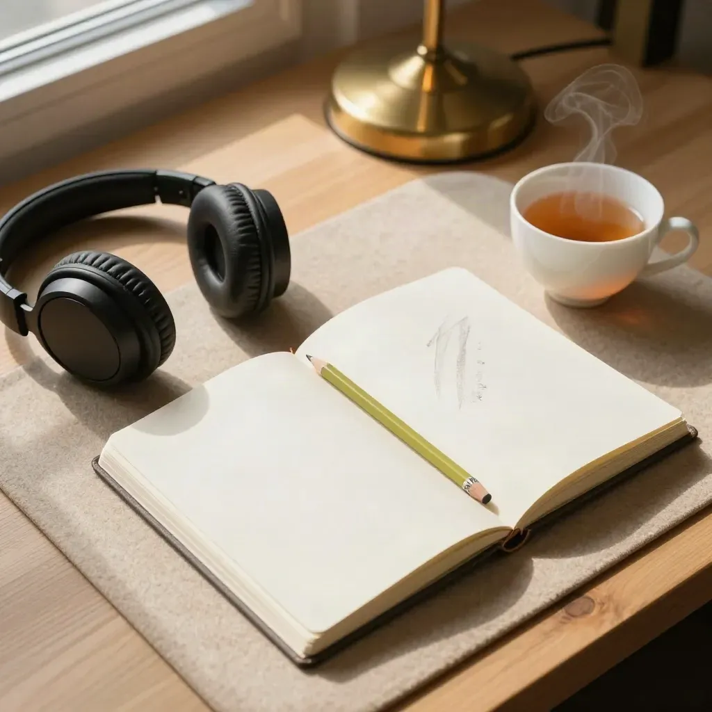 Open notebook, pencil, headphones, tea and lamp on a wool mat in warm light.