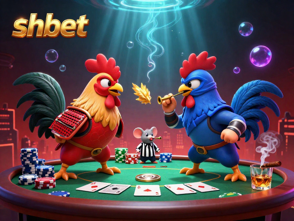 Engage in intense gaming action with shbet as roosters battle it out over colorful poker chips and cards.