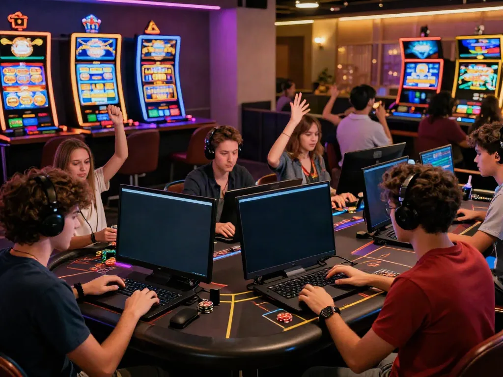 Players engaged in online gaming at gem88.com in a modern casino lounge with vibrant lighting.