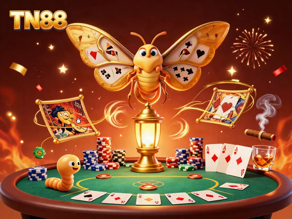 Experience dynamic casino excitement with TN88, featuring a colorful poker scene and golden elements.