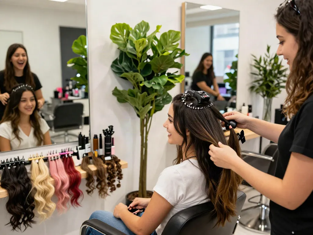 Transformative butterfly weft hair extensions application in a modern salon setting.