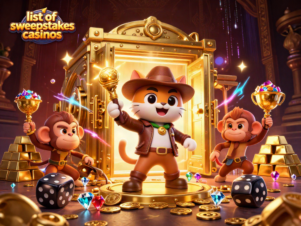 Engage with the list of sweepstakes casinos in a vibrant 3D illustration featuring a daring explorer cat.