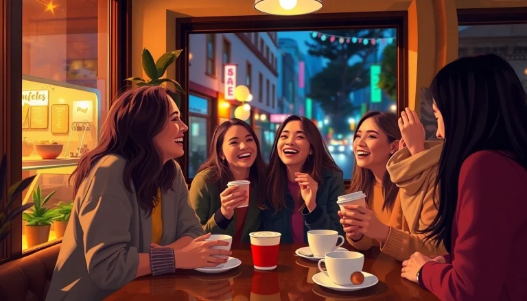 Friends sharing stories about their crush on each other in a cozy coffee shop.