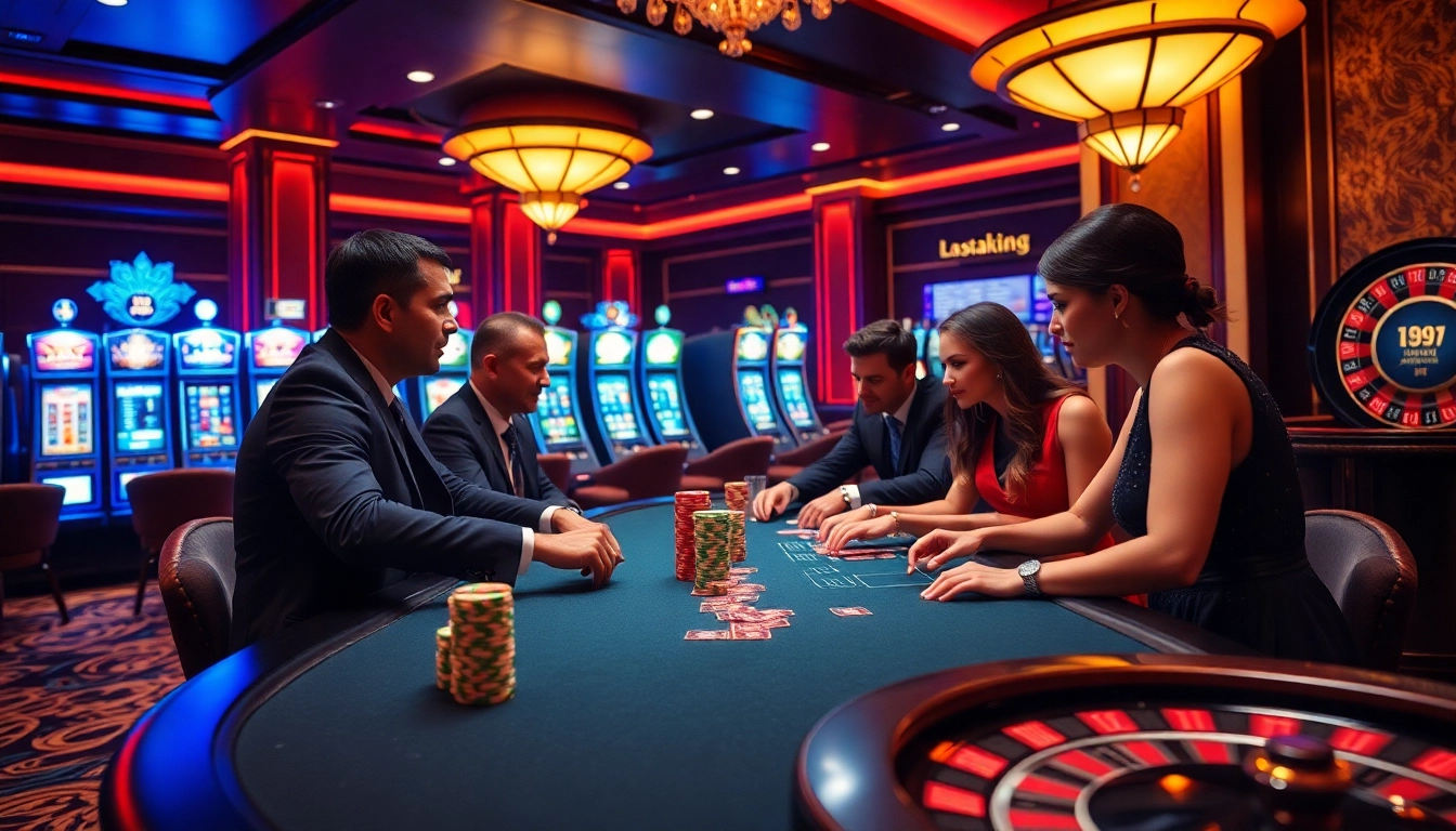 K9k9 gaming table with excited players amidst vibrant casino atmosphere.