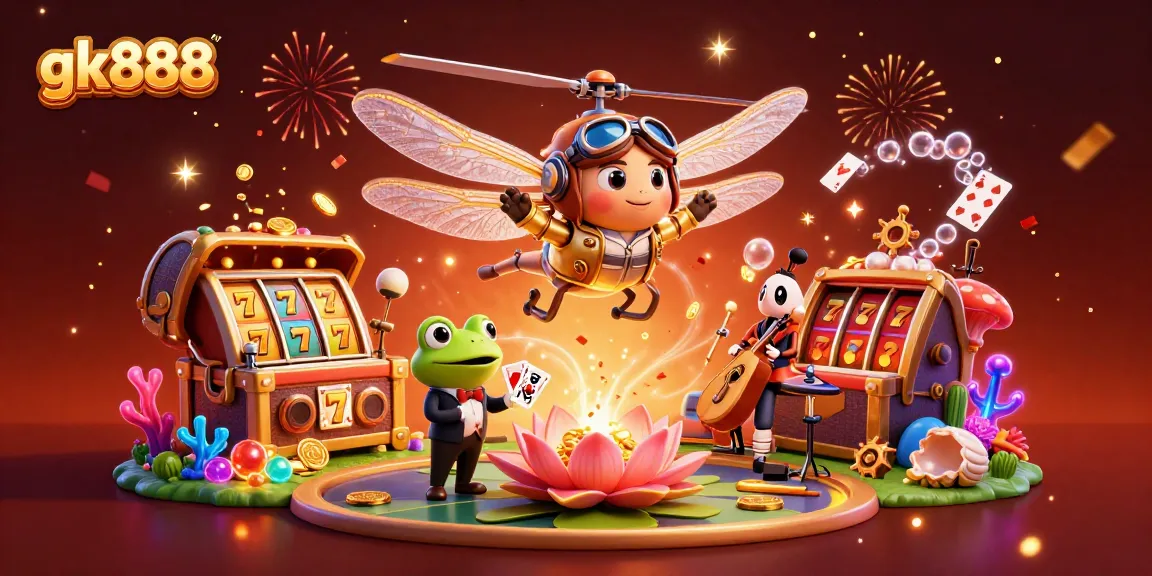 Experience thrilling play at gk888's lily pad casino with vibrant characters and exciting slot action.