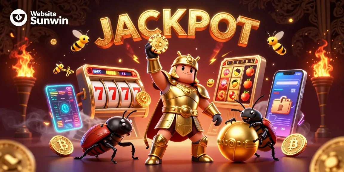 Spin to win big at Website Sunwin with a victorious beetle showcasing jackpot excitement and gaming elements.