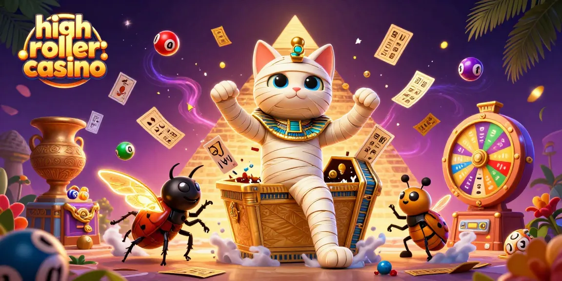 Play at a high roller casino with an Egyptian mummy cat and vibrant gaming elements for luxury gambling.