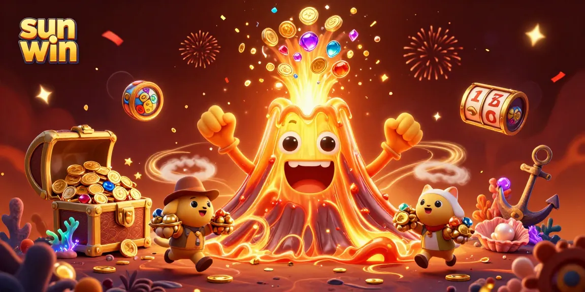 Experience thrilling wins with sun win gaming, featuring a triumphant volcano and treasure seekers.