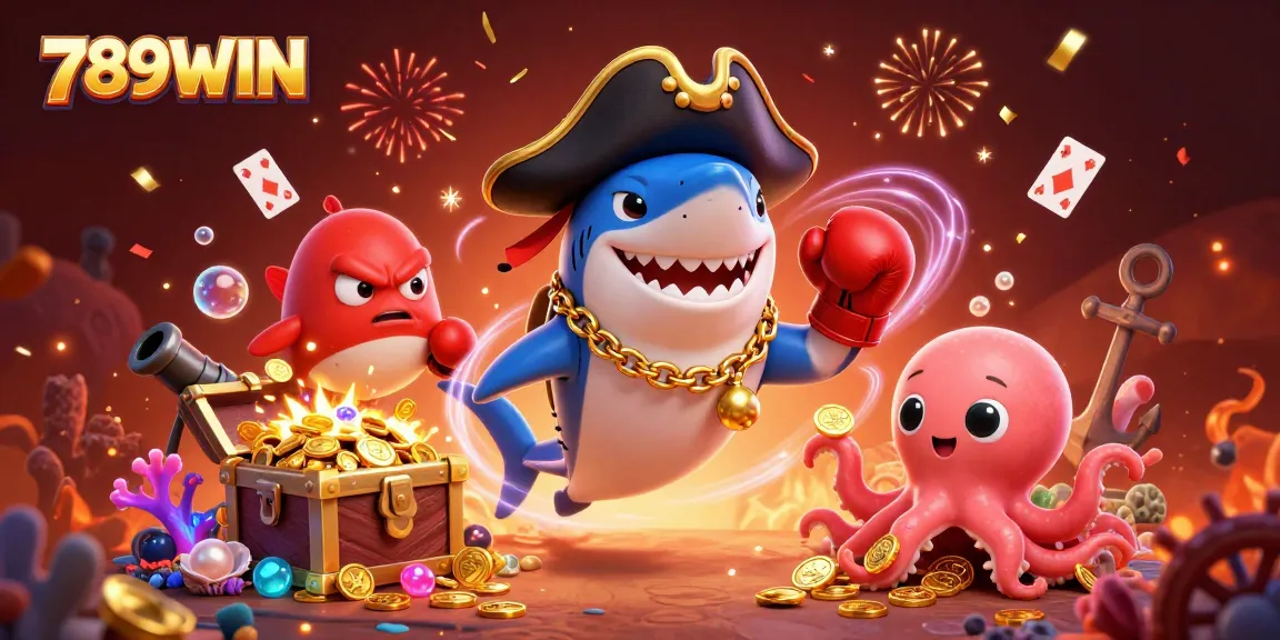 Experience thrilling action at 789WIN with a vibrant underwater treasure scene featuring a pirate shark and treasures.